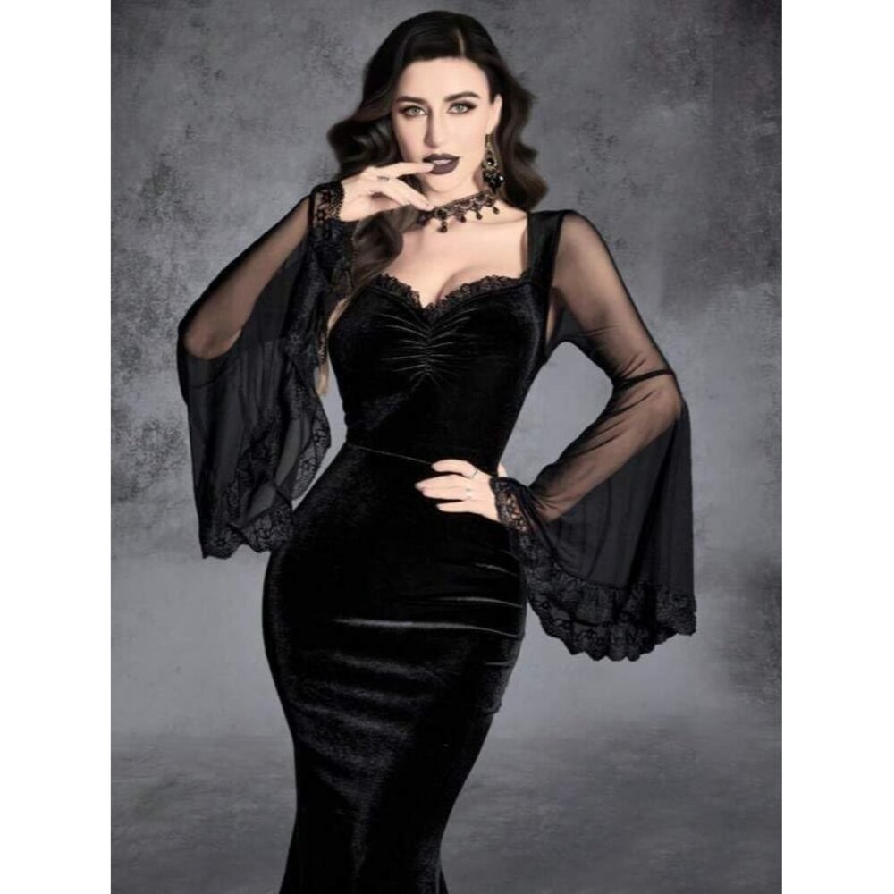 Luxurious Gothic Dress: Velvet Flounce Sleeve with Sweetheart Neck, Size Small - Picture 6 of 7